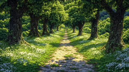 Obraz premium Serene path through an idyllic forest with dappled sunlight white flowers and tall trees with textured bark on a summe
