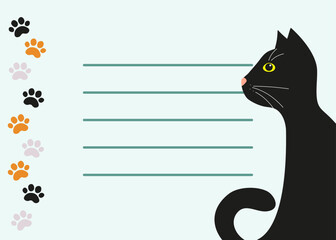 Silhouette of a black cat. Cat footprints, pets. Place for inscription, text. Promotion of pet products, adoption of homeless animals. Background for postcard, banner, place for text.