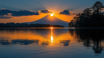 Warm sunlight casts a golden hue over calm waters with a stunning mountain backdrop