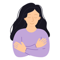 Calm woman self-hug illustration – Mental health awareness woman practicing self-love in flat vector style, depicting peaceful mindfulness, emotional balance, and self-care concept for therapy.