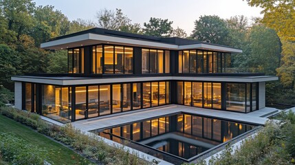 Obraz premium Stunning Modern Glass House with Pool Nestled in Lush Greenery