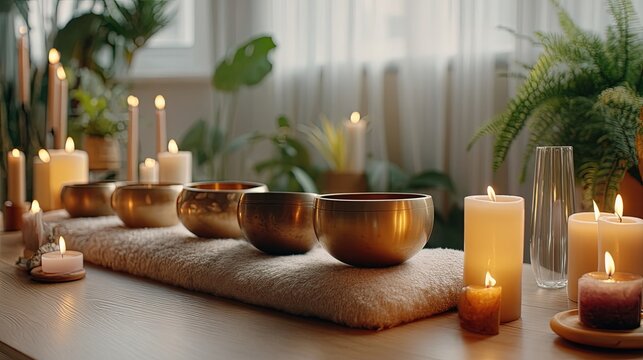 Himalayan Singing Bowls on Soft Mat with Glowing Candles, Creating a Peaceful Atmosphere for Yoga and Meditation