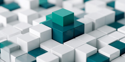 Abstract image of teal and white cubes, creating a three-dimensional textureShowcase of geometric shapes, symbolizing structure, design, and innovation