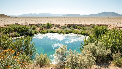 Discover an oasis in the desert a peaceful pool reflecting the sun surrounded by lush green papyrus and vibrant wildflowers