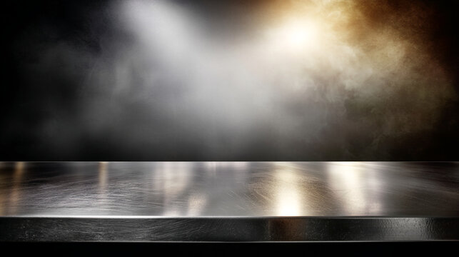 Metallic table surface with scratched texture, reflecting light against a dark smoky background, showcasing a product display or presentation area, ideal for a modern or industrial theme