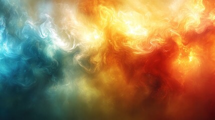 Fototapeta premium Bright reds, oranges, blues, and golds swirl in an abstract cosmic scene