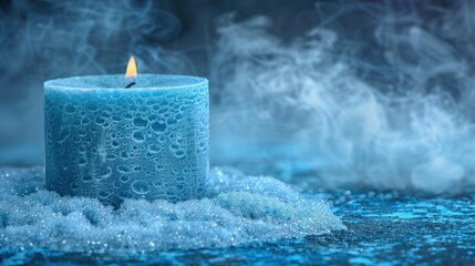 A blue candle flickers, surrounded by bubbles and swirling smoke