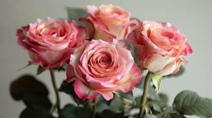 Delicate pink roses open their blooms gracefully, showcasing their vibrant beauty indoors