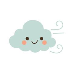 Mint green cloud with smiling face and wind swirls, great for soft weather illustrations, sky decor, and breezy air movement designs.