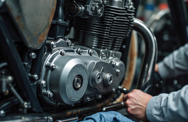 Fototapeta premium Mechanic repairs motorcycle engine. Close-up view of vehicle parts. Metal, cylinder, bolts, details. Assembly, maintenance, repair, service, workshop, technology, tuning.