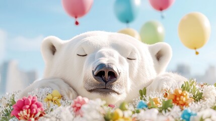 Obraz premium Serene polar bear with pastel balloons and flowers joyful celebration image