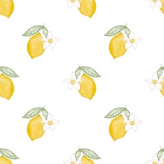 Seamless pattern lemon, flowers. Watercolor style, hand drawn. Floral, botanical. Baby shower. Baby, newborn, kids, children background, Textile, fabric, paper, clothes, greeting card design