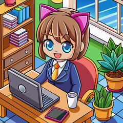 Anime girl working on a computer in the office