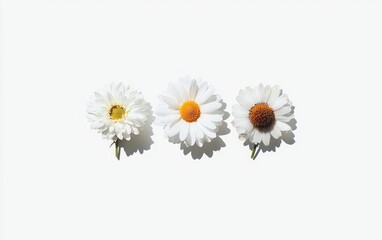 Obraz premium Three white daisies with subtle color variations in their centers are arranged in a row against a solid white background. The image is lit with bright, even lighting, creating soft shadows