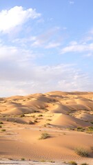 Golden dunes stretch across soft terrain as morning light dances over curved ridges, shadows fall between mounds touched by scattered green, rare desert bloom shapes scenic tourist attraction.