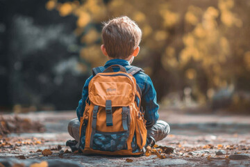 Young boy sitting on the ground with a backpack, looking up at a tree with colorful autumn leaves. Sunshine breaking through the branches.