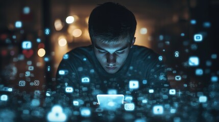 Young Man Immersed in Smartphone with Social Media Icons Surrounding