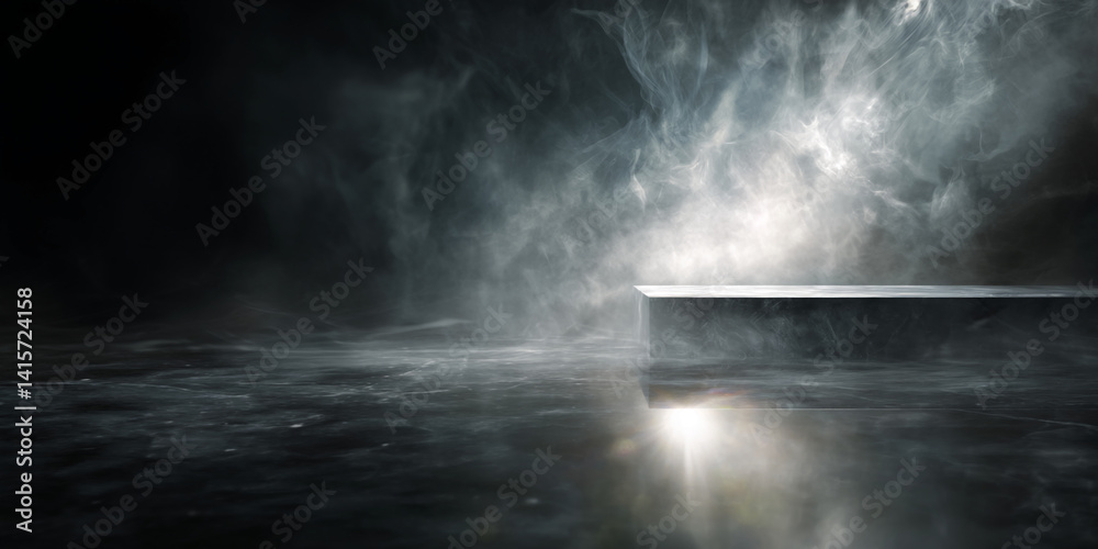Poster dark stone pedestal in smoky atmosphere, creating a mysterious and dramatic showcase for product dis