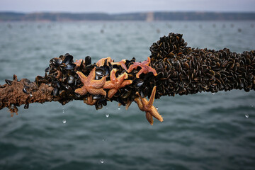 Sea water drips off mussels and starfish on Europe's largest offshore mussel farm