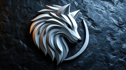 3D wolf head, stylized,  metallic
