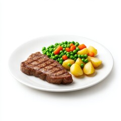 Steak with vegetables on plate isolated on white background