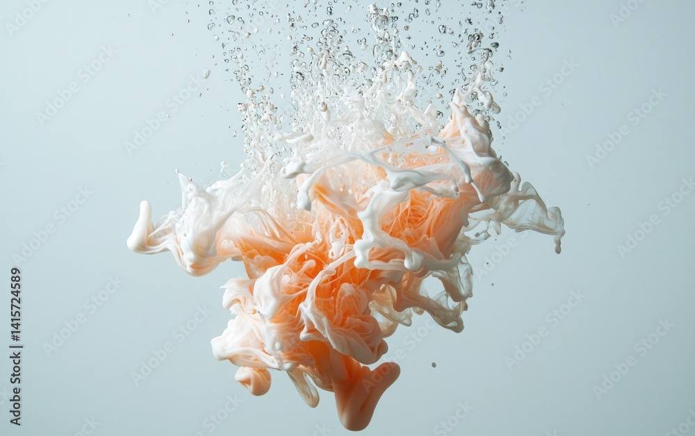 Poster abstract image of peach ink dropping into water, creating delicate swirls and a soft, ethereal effec