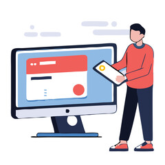 Man Holding Tablet Standing Beside Computer Screen Illustration Isolated