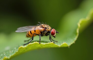 Fototapeta premium Close-up macro photo spotted wing drosophila SWD fruit fly. Pest insect eats fruit, vegetables, originally from southeast Asia, becomes major pest species in America Europe. Blurry green background.