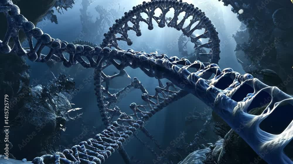 Poster data processing focused on shapes and dna strands in an abstract environment, data processing over s