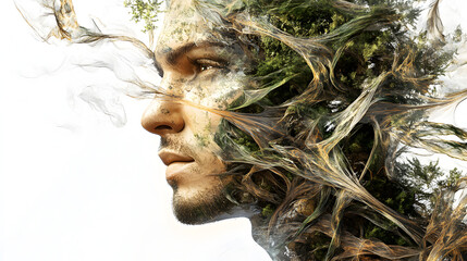 portrait of a man’s face merged with abstract, flowing plant tendrils, seamlessly blending human and nature-inspired elements into a futuristic composition 