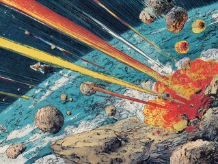 Space battle in a comic book style, with a ship dodging asteroids and explosions in a vibrant and dynamic scene. A cosmic fight!