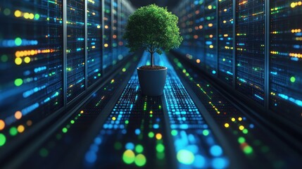 A small green tree in a blue pot contrasts with colorful lights in a data facility