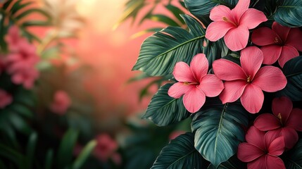 Naklejka premium Pink blossoms pop through green leaves, creating a vibrant evening display