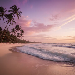 Obraz premium Serene Sunset at Tropical Beach Palm Trees and Gentle Waves