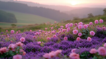 Serene sunrise over blooming lavender and rose fields