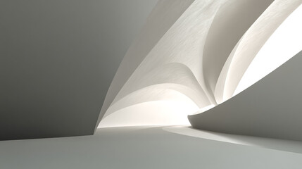Abstract image of gray and white curved architectural forms creating a spacious, minimalist interior scene Showcase, ideal for product display or design presentation