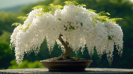 A stunning wisteria bonsai adorned with cascading white flowers radiates beauty and peace