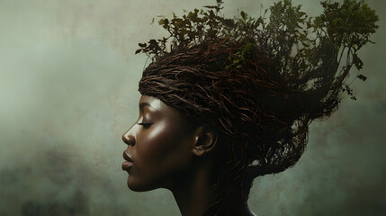 portrait of a person whose hair morphs into vines and petals, blending the boundaries between human and plant life, with vibrant colors highlighting the bio-elements 