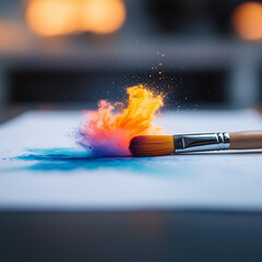 Fototapeta premium Colorful paint explosion with brush on artist's canvas 