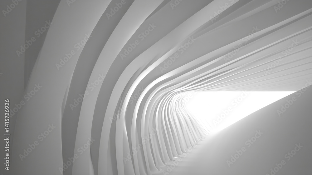 Aufkleber Abstract grayscale image of curved, white architectural forms creating a tunnel-like perspective, symbolizing modern design, minimalist aesthetic, and futuristic space