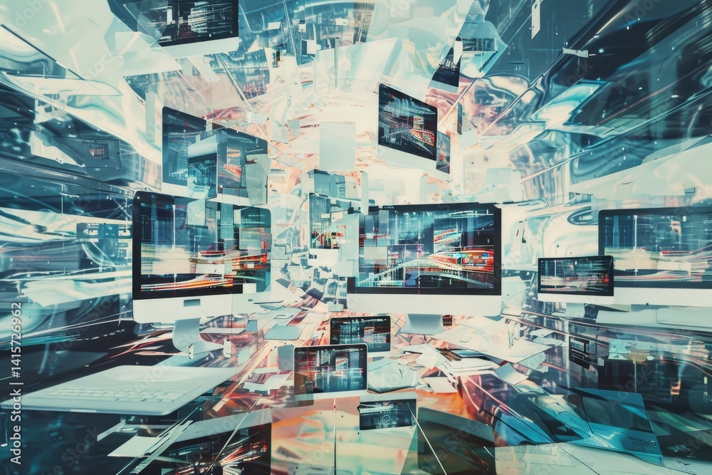 Poster a surreal digital art piece depicting a computer with screens floating around it, a surreal depictio