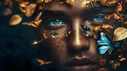 artistic portrait of a man with butterflies and leaves softly integrating into his facial features, creating a harmonious blend of human expression and bio-elements 