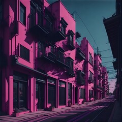 Pink City Street Retro Style Vaporwave Aesthetic Illustration