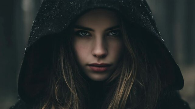 Mysterious woman with intense look wearing a dark hooded cloak in a moody forest background.