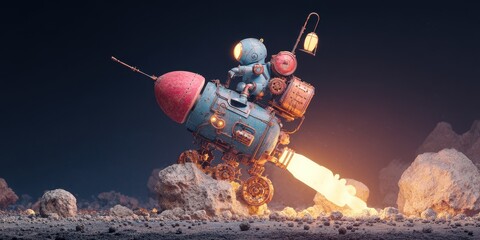 Obraz premium Robot adventures across a rocky landscape on a whimsical, steampunk-inspired vehicle, illuminated by a lantern and a jet of propulsion.