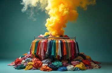 Colorful clothes pile emits yellow smoke, fast fashion impact on eco. Wardrobe of garments hanging on rack. Pollution, environmental issues, waste management concerns highlighted. Climate change