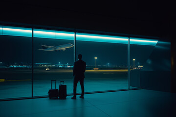 Man waits at airport terminal as airplane takes off during night travel