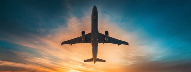 Naklejka premium Majestic airplane soaring above the horizon during a vivid sunset trip