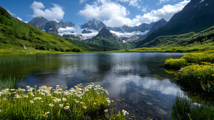 Fototapeta premium A pristine alpine lake surrounded by wildflowers and pristine snow-capped peaks in the background.