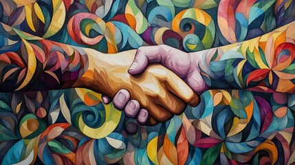 Diverse Hands Shaking in Floral Pattern